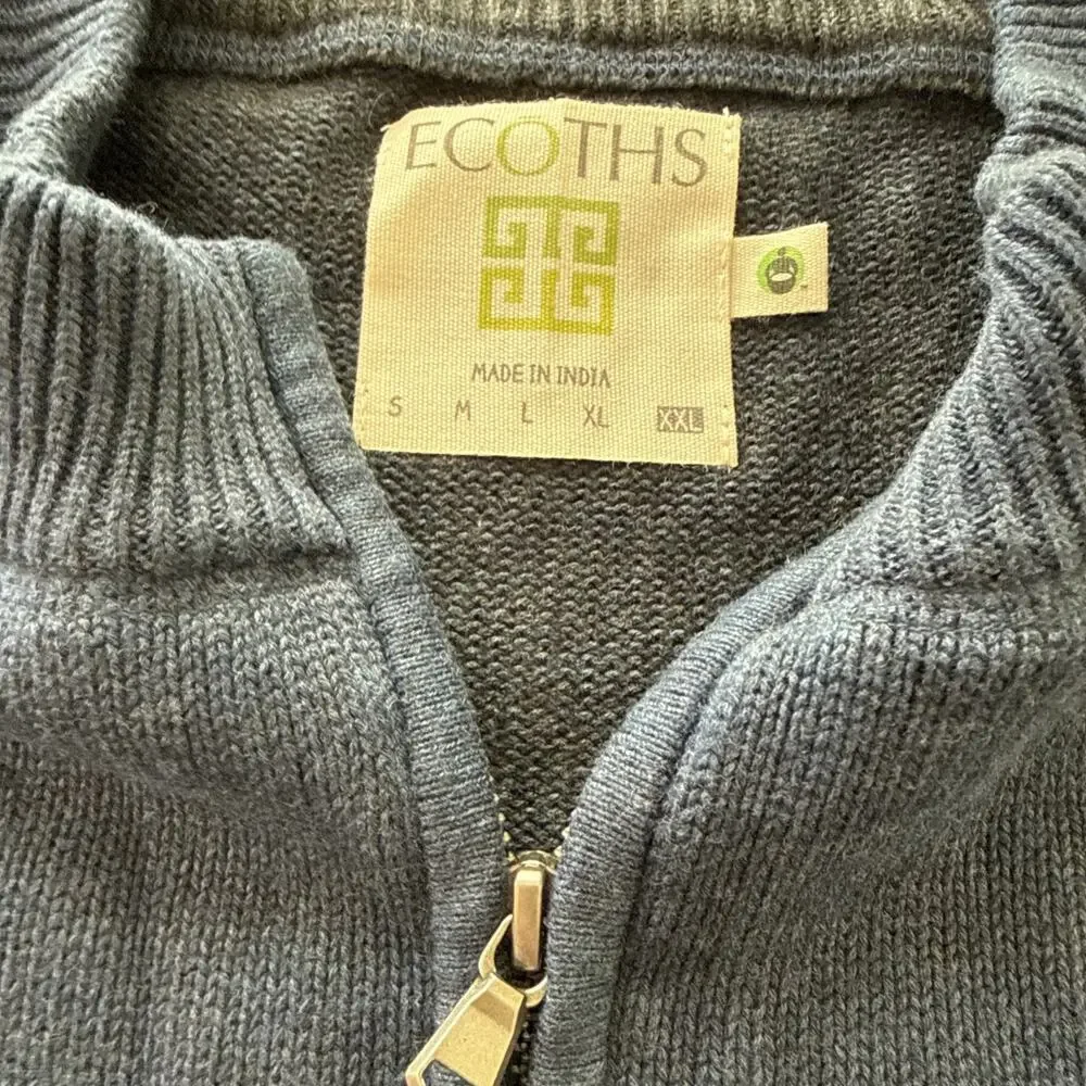 ECOTHS Organic Cotton Sweater Mans 2XL Long Sleeve Navy Blue 1/4 Zip Pullover